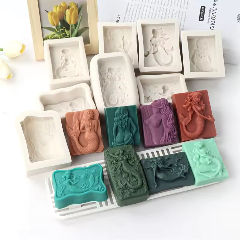 Soap Making Ideas - 長方形オーシャンスタイル3DマーメイドキャンドルモールドDIYレリーフマーメイドソープシリコンモールド手作りチョコレートアイスキューブ作成ツールデコレーション